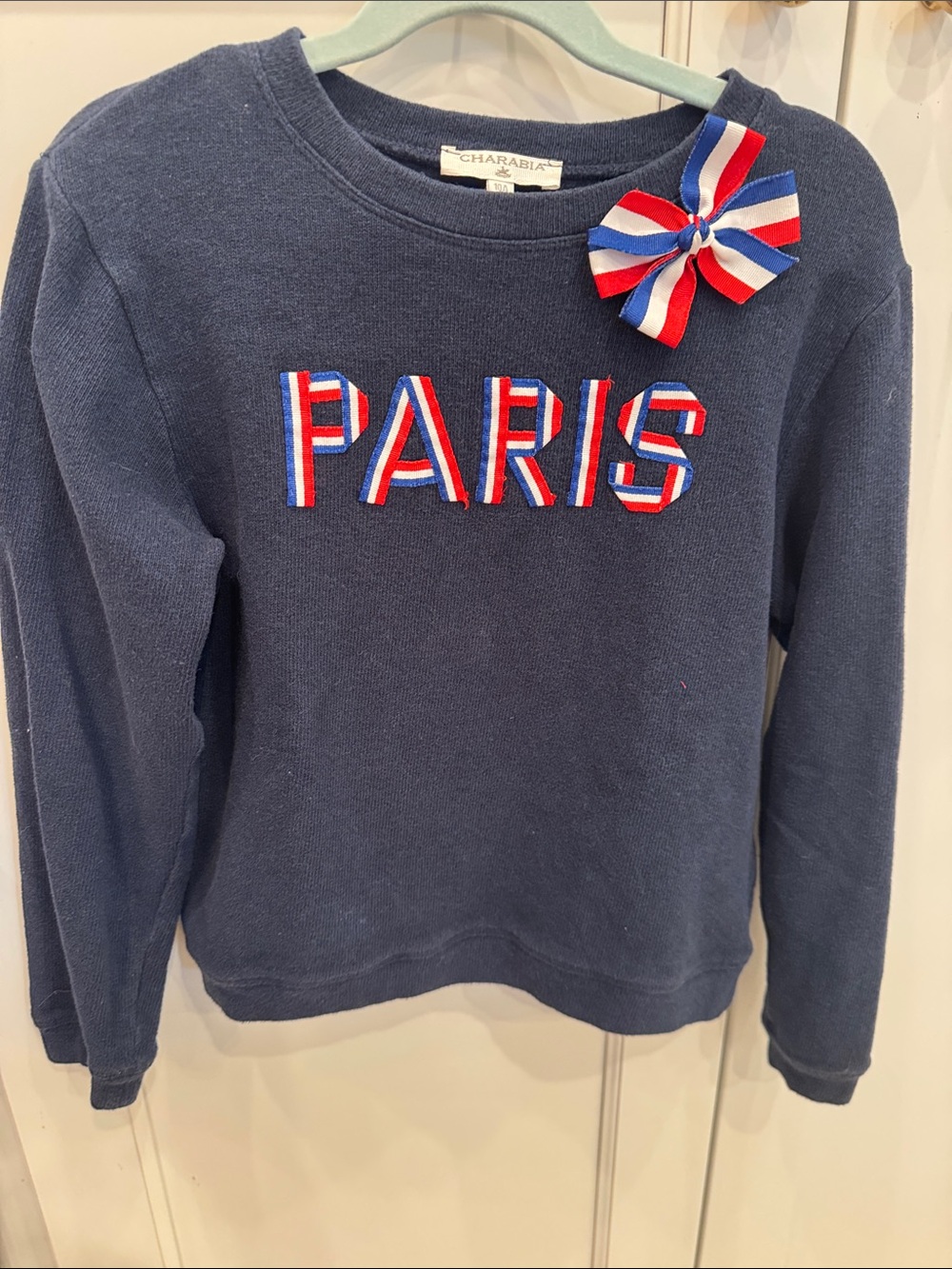 Girls' Navy PARIS Sweatshirt with Tricolor Ribbon Detail